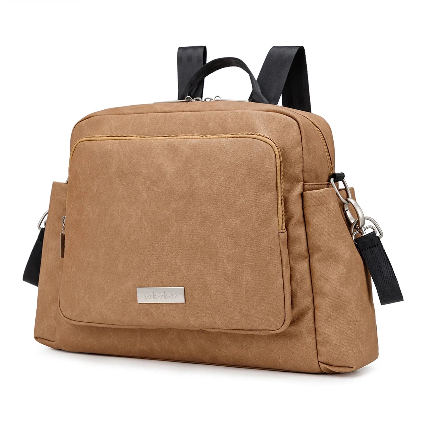 Brown waterproof PU/PVC diaper backpack with front zipper pocket and black straps.