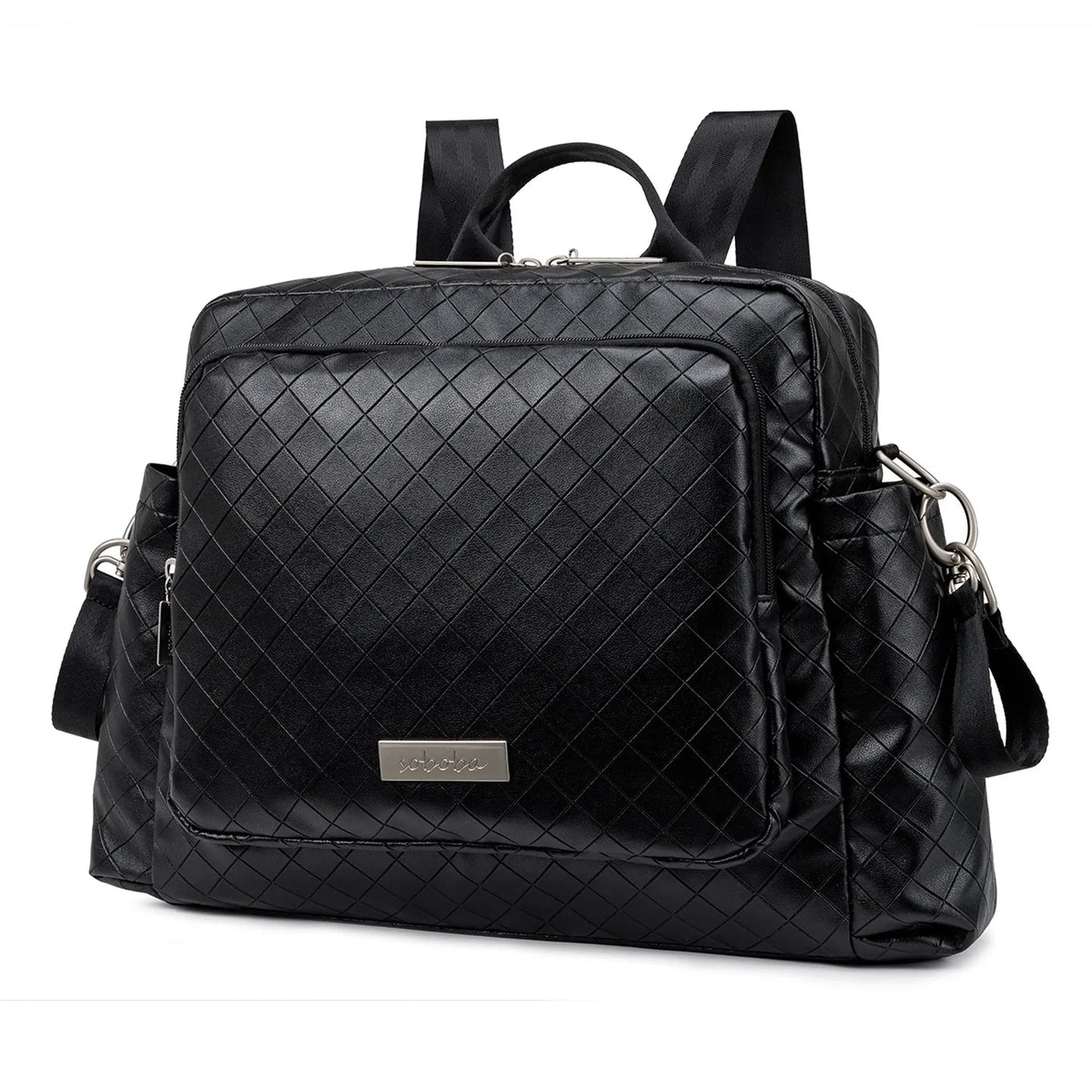Black quilted waterproof diaper backpack with shoulder straps and side pockets.