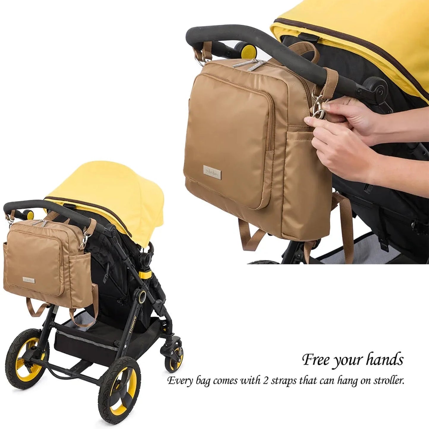 Waterproof beige diaper backpack attached to a yellow stroller, showcasing its hanging straps.