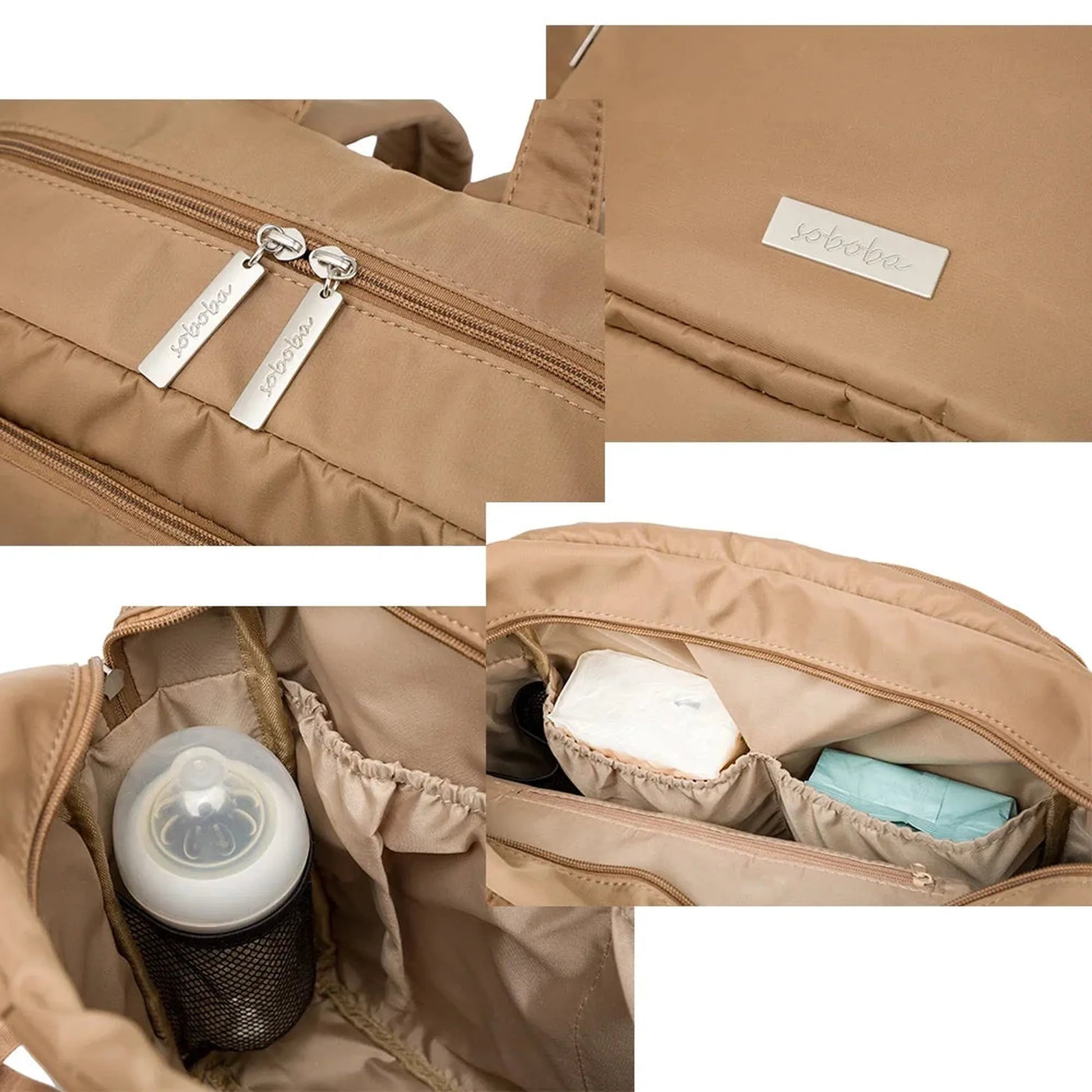 Beige waterproof diaper backpack with multiple compartments, zippers, and "soboba" branding.
