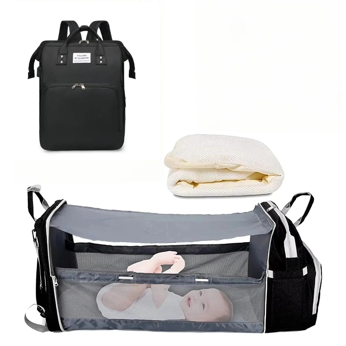 Black 3-in-1 diaper backpack with foldable baby bed, changing station, and mesh liner.