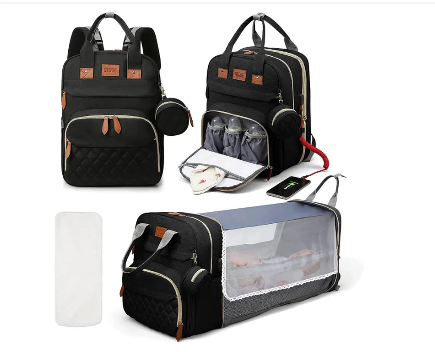 Black 3-in-1 diaper backpack with foldable baby bed, changing station, insulated pockets, and USB charging.