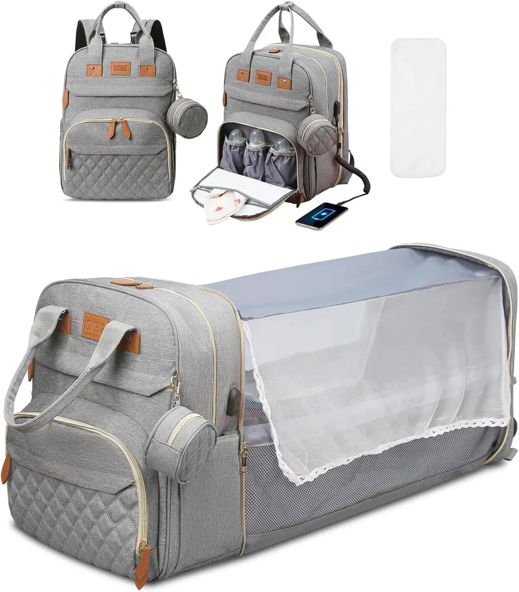 Gray 3-in-1 diaper bag backpack with a foldable changing bed, insulated pockets, and USB charging.
