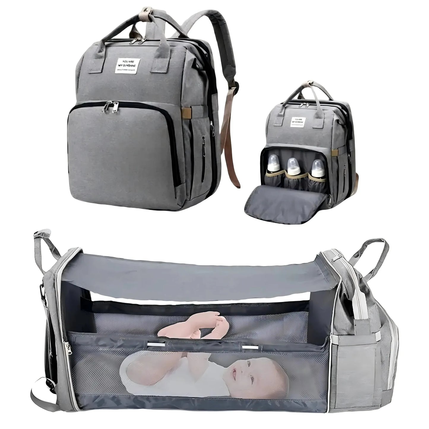 Gray 3-in-1 diaper backpack with foldable baby bed, insulated bottle pockets, and USB charging.