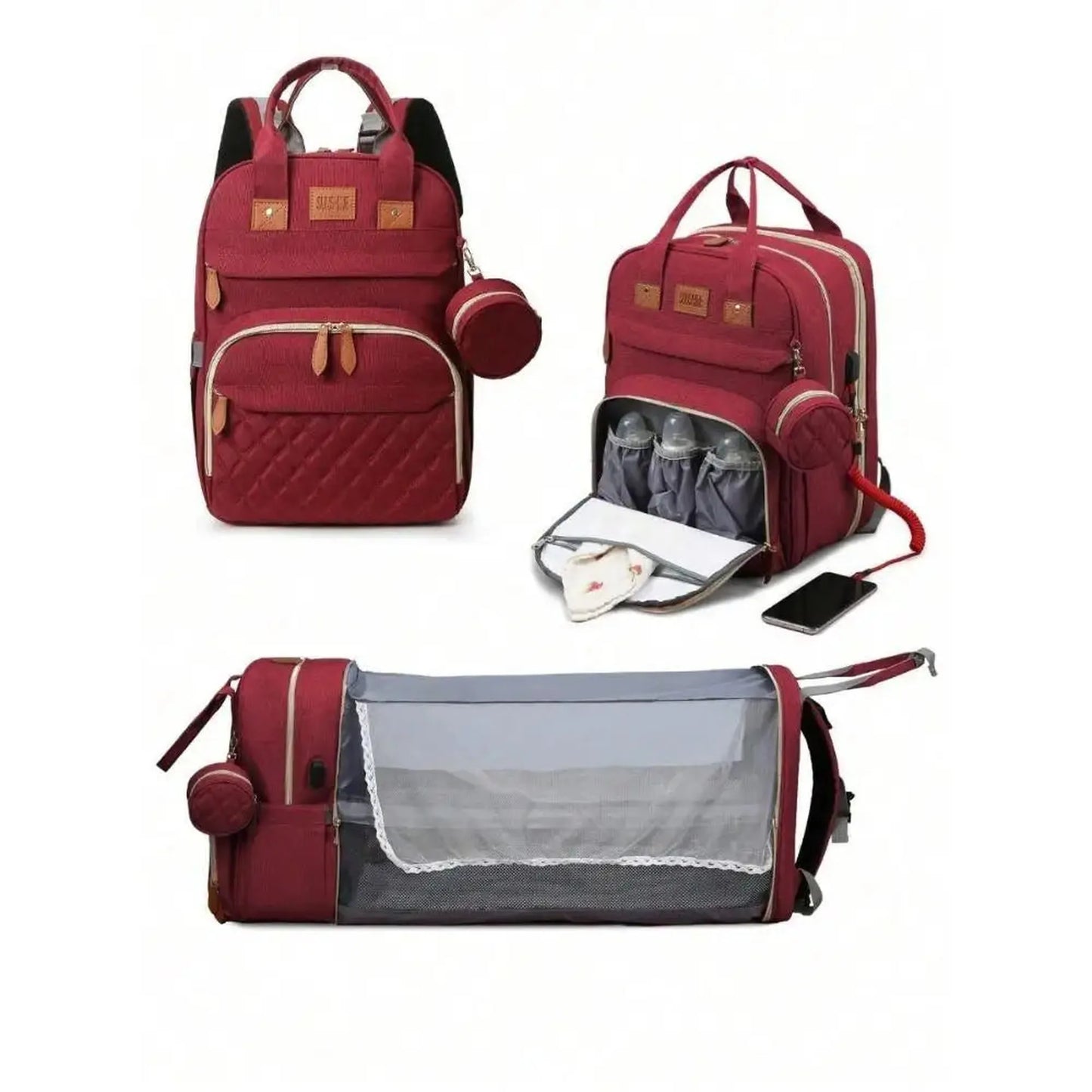 Red 3-in-1 diaper backpack with quilted front pocket, insulated bottle compartments, and a foldable baby bed.