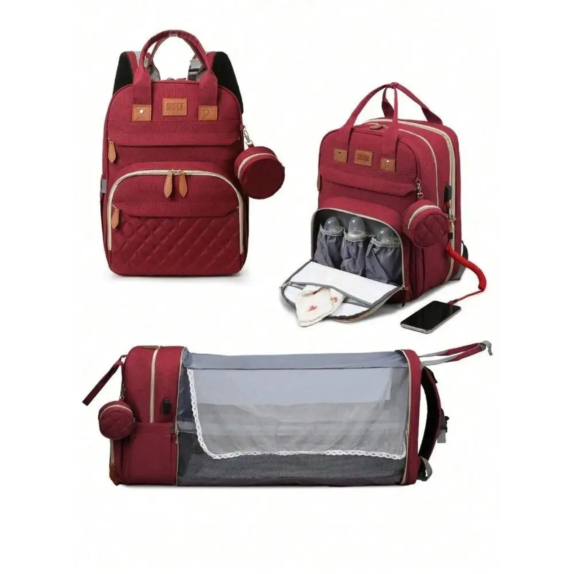 Red 3-in-1 diaper backpack with quilted front pocket, insulated bottle compartments, and a foldable baby bed.