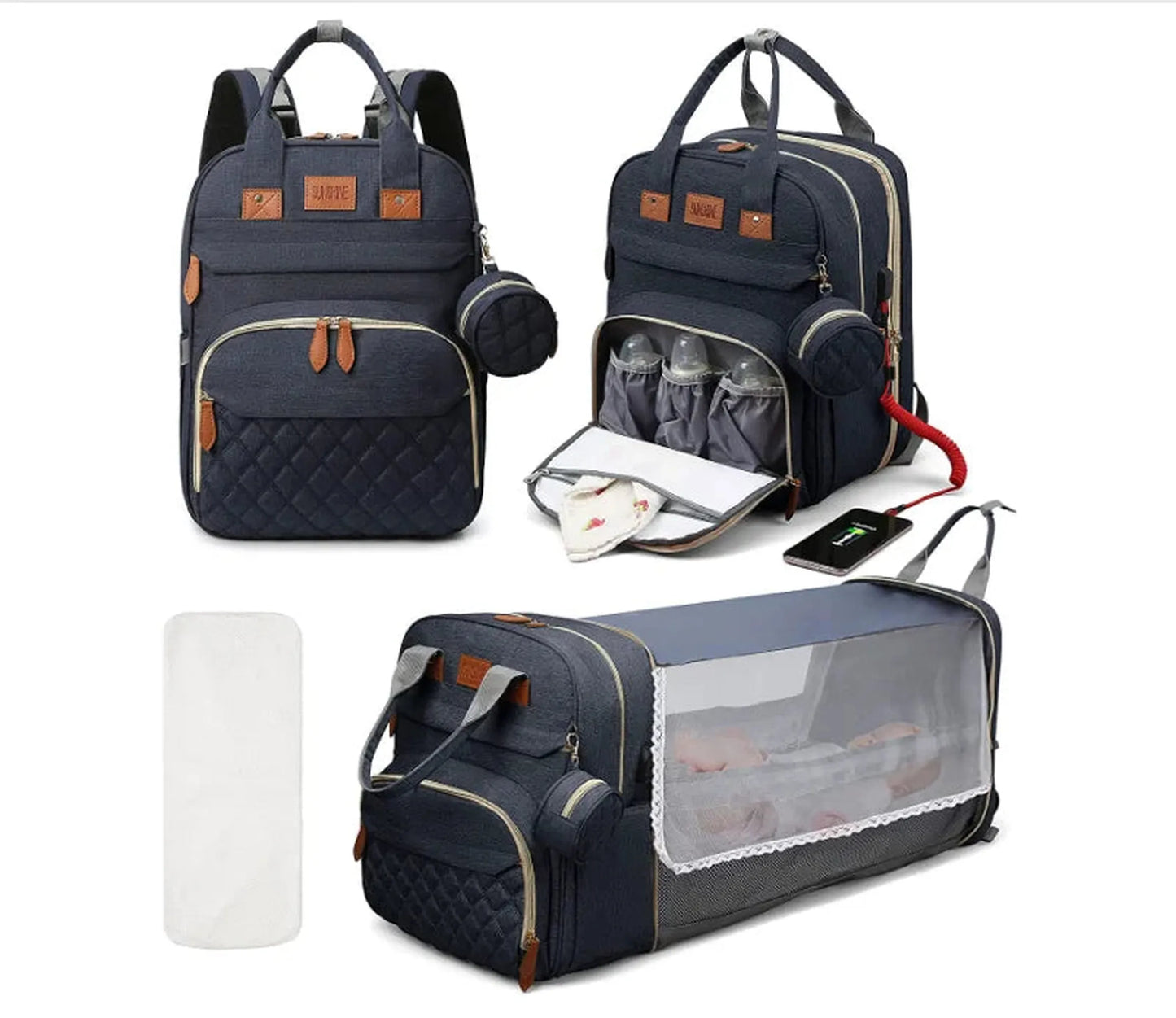Navy 3-in-1 diaper backpack with foldable bassinet, changing station, insulated pockets, and USB charging.