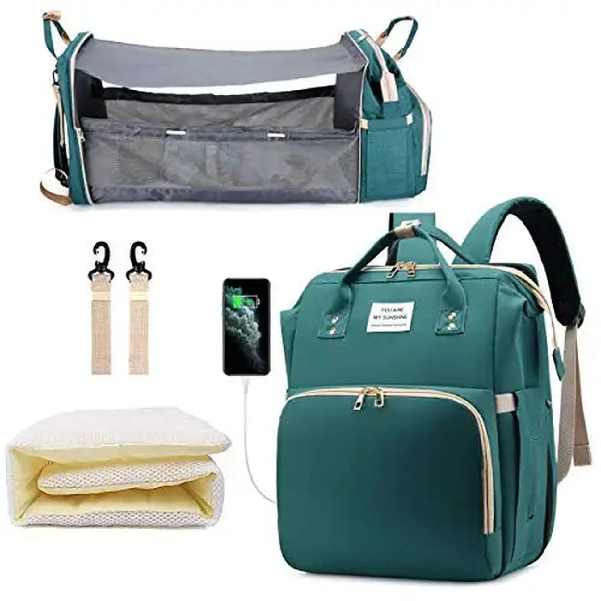 Green 3-in-1 diaper bag backpack with foldable baby bed, changing station, USB port, and accessories.