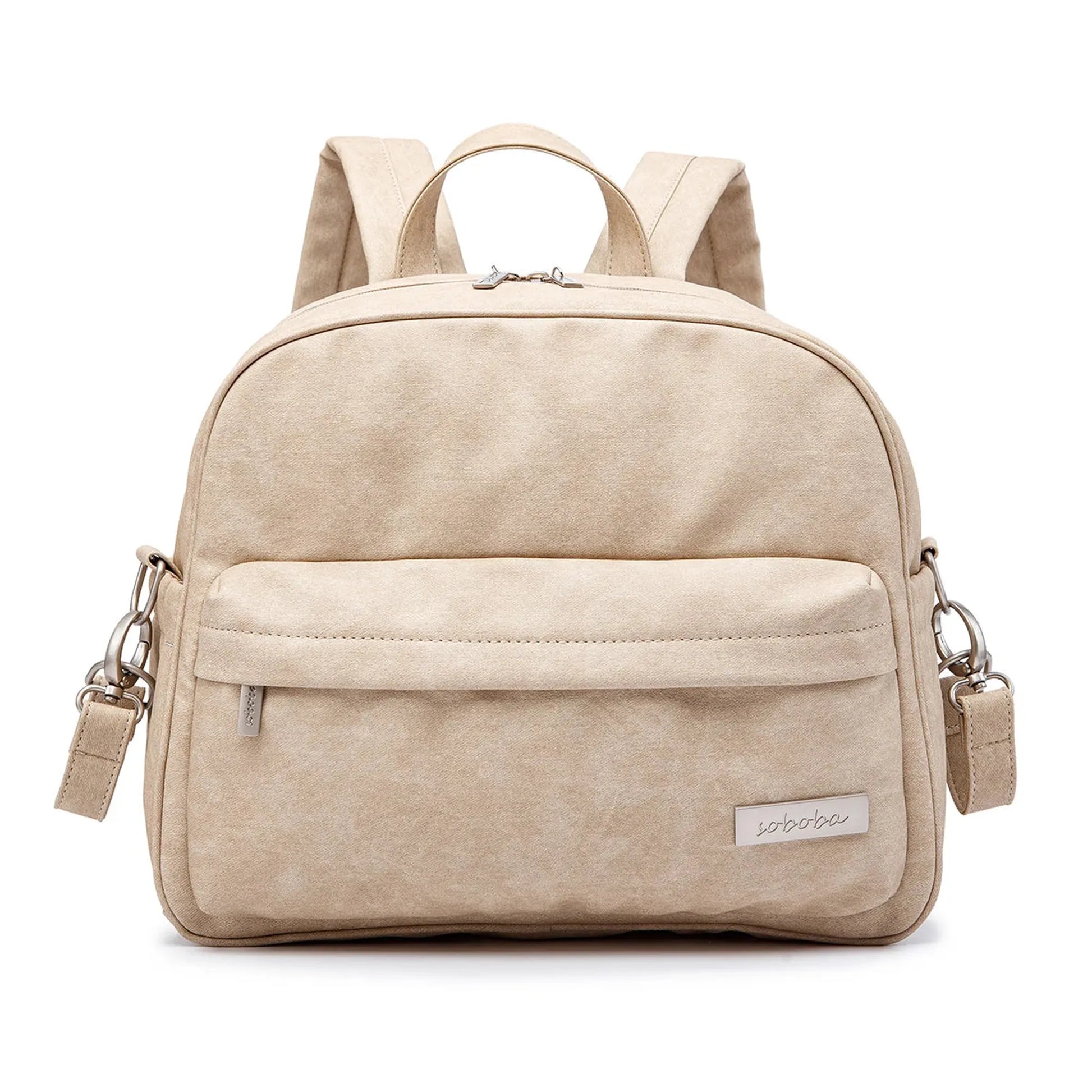 Beige waterproof PU/PVC diaper backpack with front pocket, top handle, and adjustable straps.