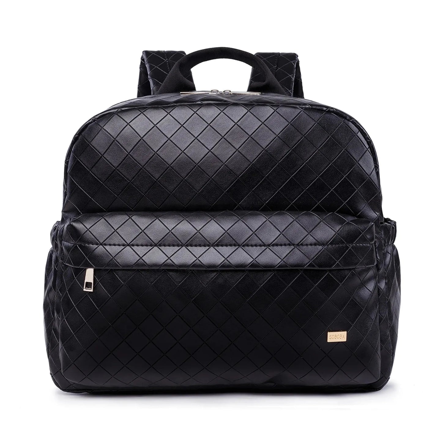 Stylish black quilted PU/PVC diaper backpack with gold zippers and adjustable straps.