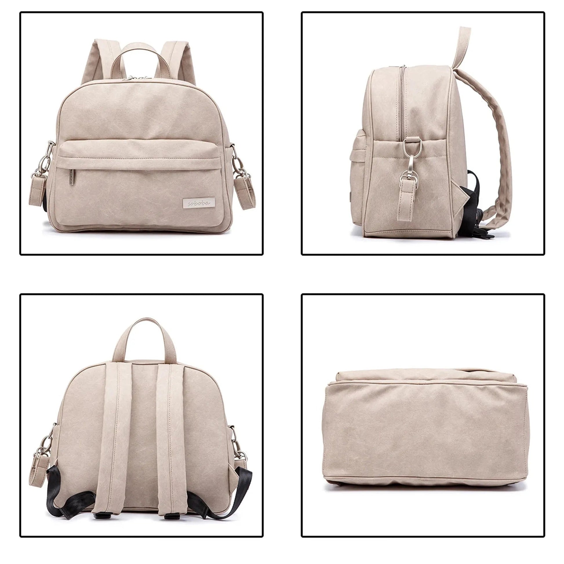 Beige waterproof PU/PVC diaper backpack with front pocket, top handle, and adjustable straps.