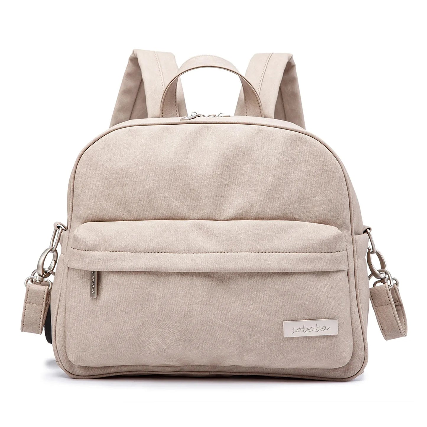 Beige waterproof PU/PVC diaper backpack with front pocket, top handle, and adjustable straps.