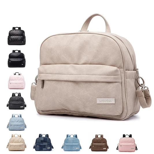 Stylish beige waterproof diaper backpack with front pocket and "soboba" logo, surrounded by various color options.