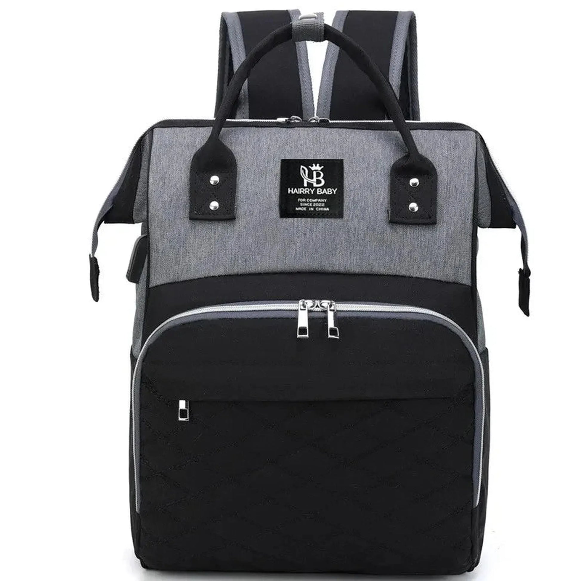 Large grey and black Oxford fabric diaper backpack with multiple zippered compartments and stroller straps.