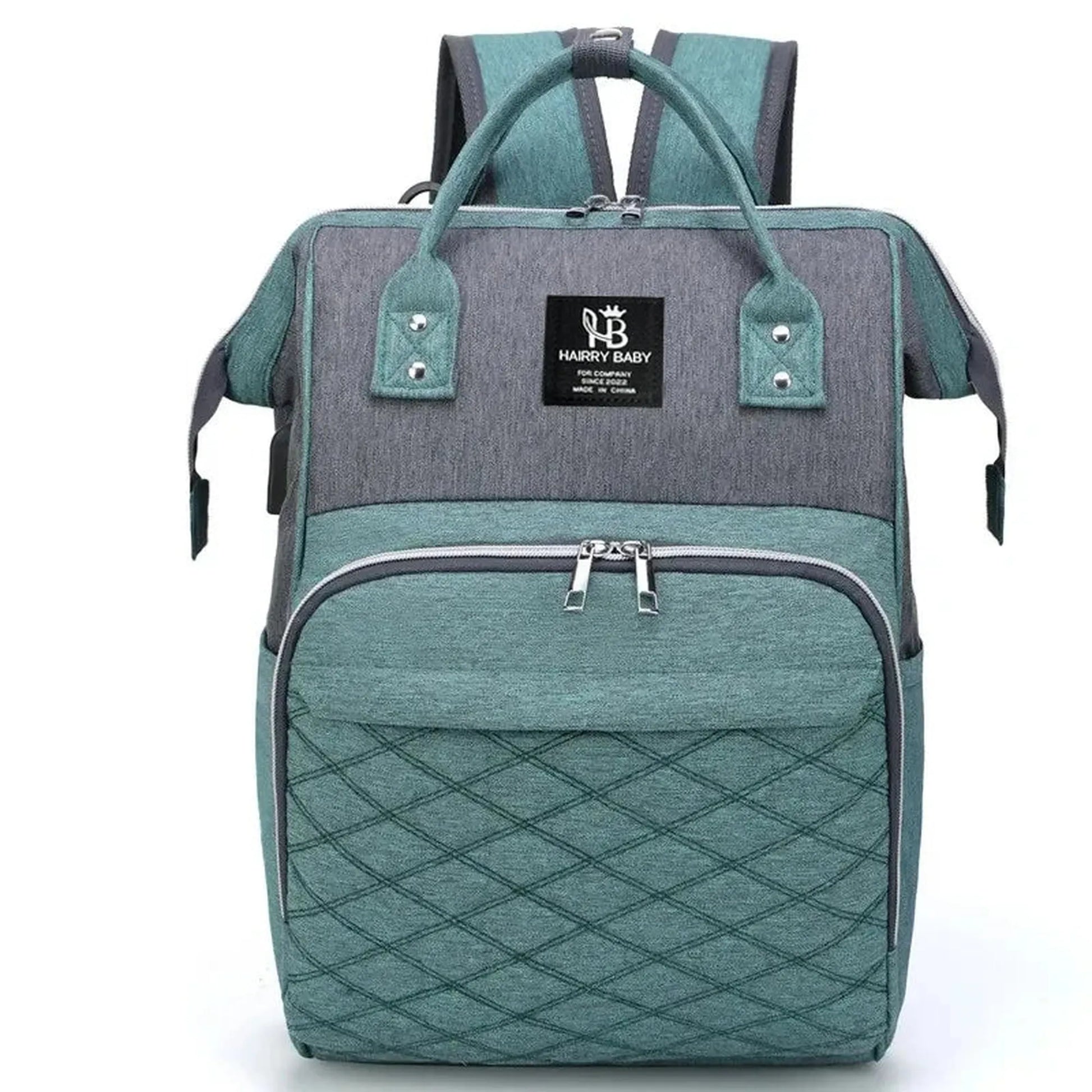 Large gray and teal Oxford fabric diaper bag backpack with quilted front pocket and stroller straps.