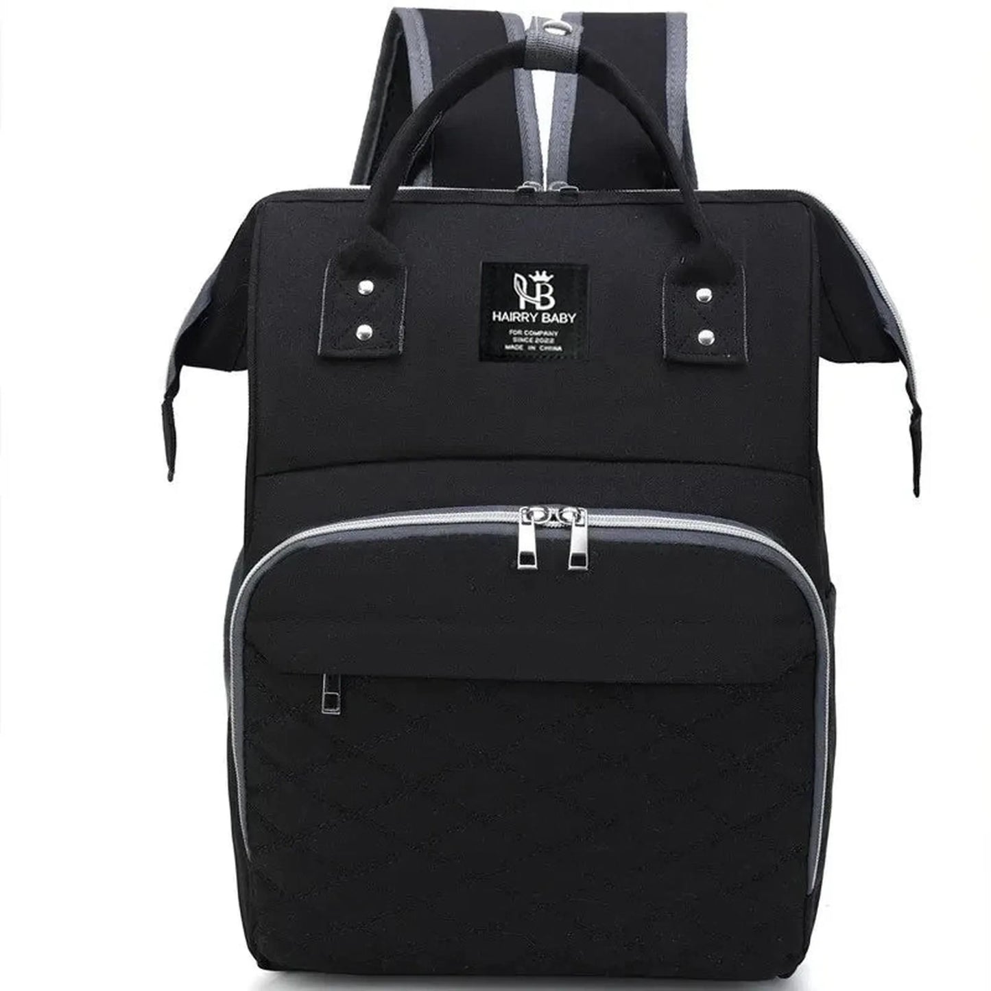 Black large capacity diaper backpack with stroller straps, front zipper pocket, and "HARRY BABY" logo.