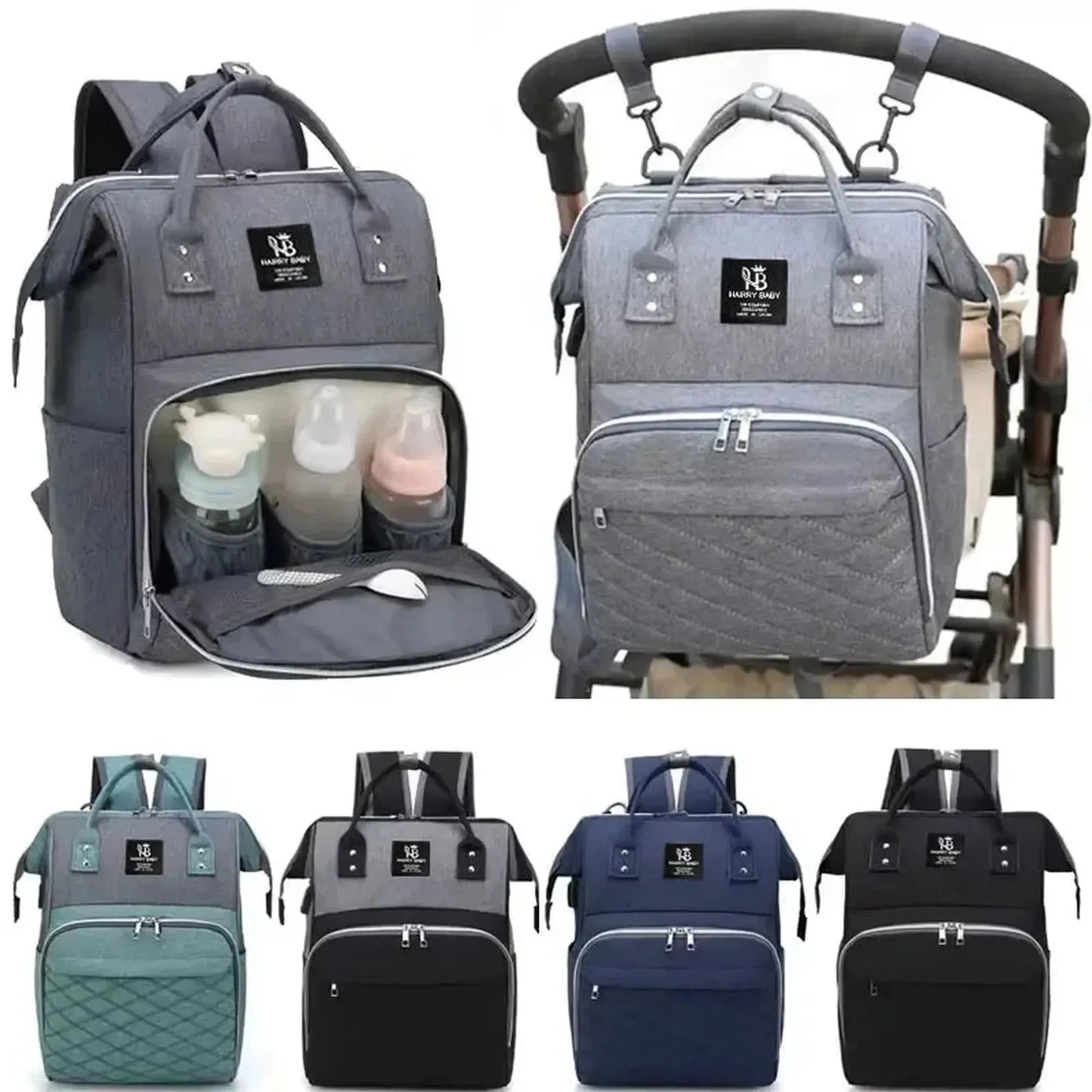 Large gray diaper backpack with changing pad, shown open with bottles and attached to a stroller, plus other color options.