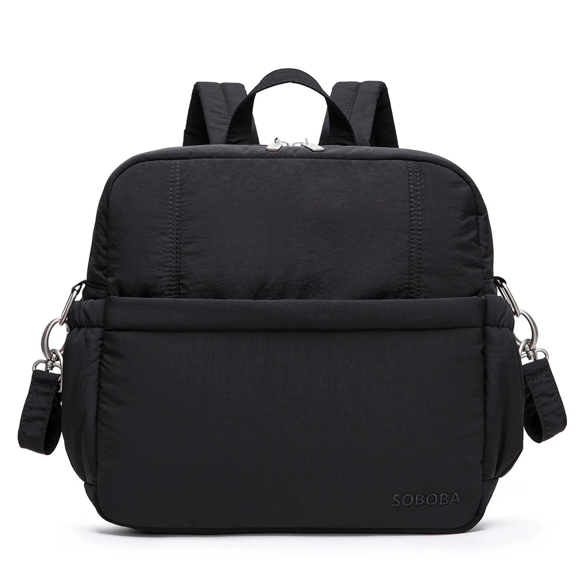 Black multi-functional diaper backpack with padded straps, front pocket, and silver hardware.