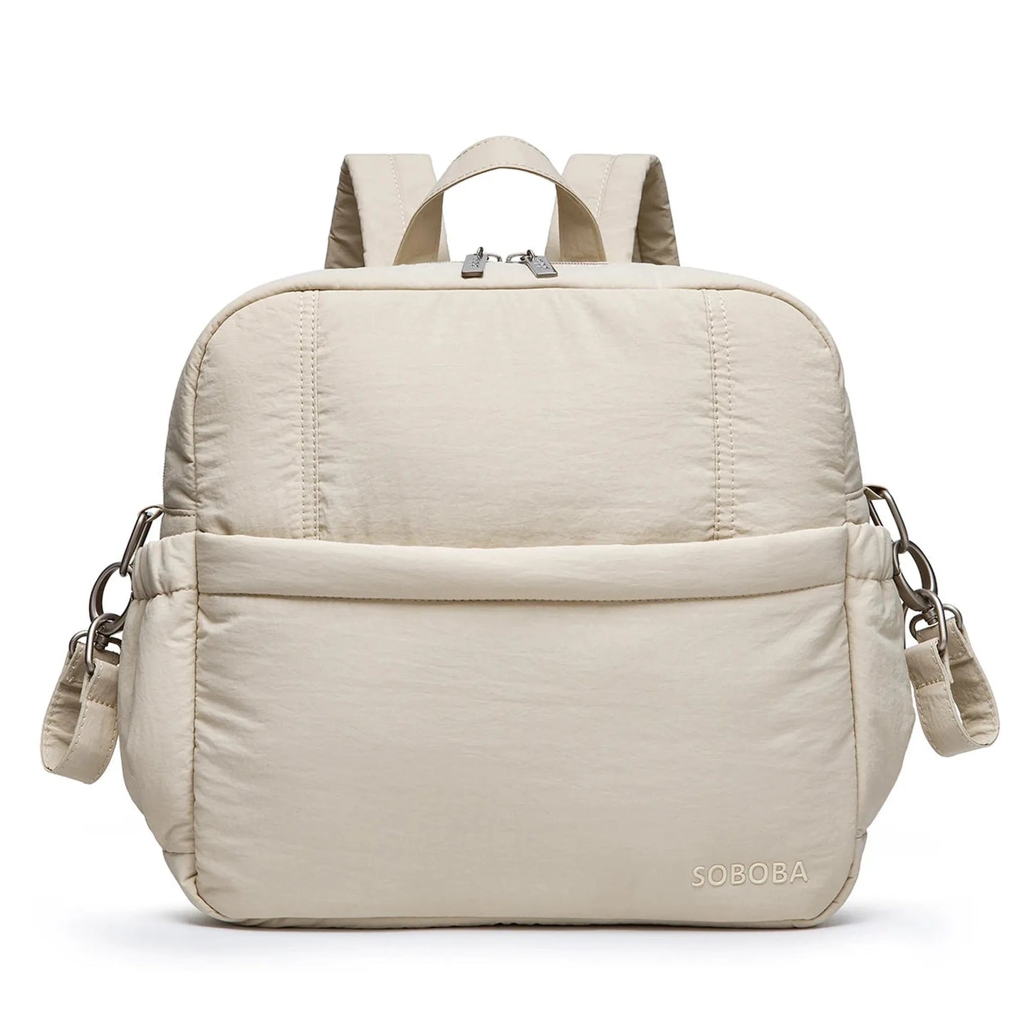 SOBOBA beige quilted diaper backpack made from synthetic leather, featuring top handles and shoulder straps.