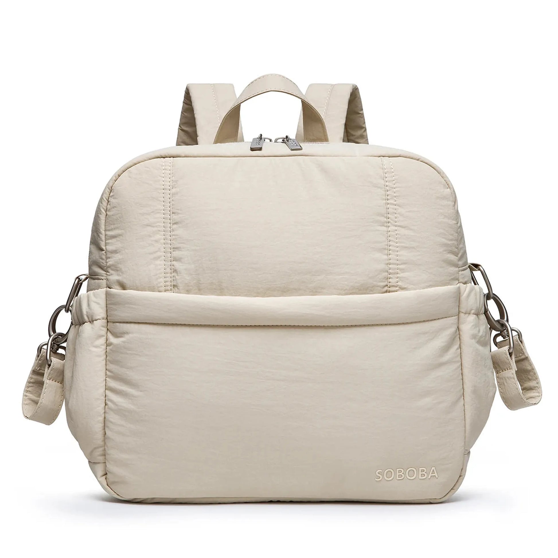 SOBOBA beige quilted diaper backpack made from synthetic leather, featuring top handles and shoulder straps.