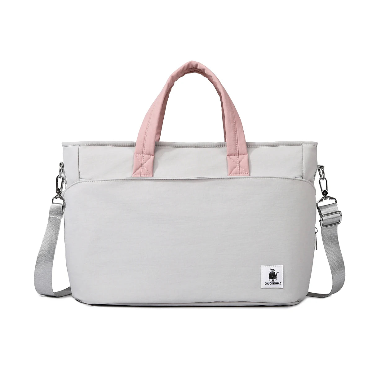 Light gray insulated diaper bag with pink handles, shoulder strap, and a small cat logo.
