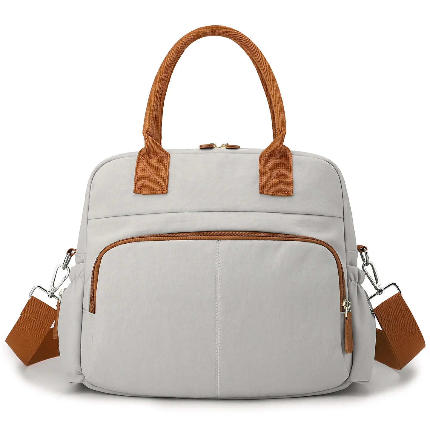 Stylish light gray diaper bag with brown handles and shoulder strap, featuring multiple zippered compartments.