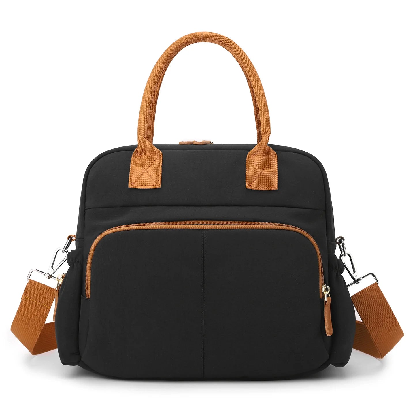 Stylish black diaper bag with brown handles and shoulder strap, featuring multiple pockets and a modern design.