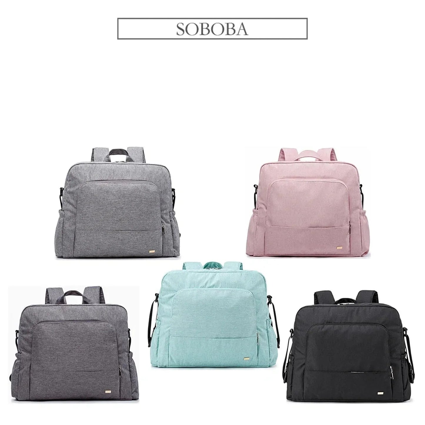 Waterproof multi-functional diaper backpack in gray, pink, light blue, and black.