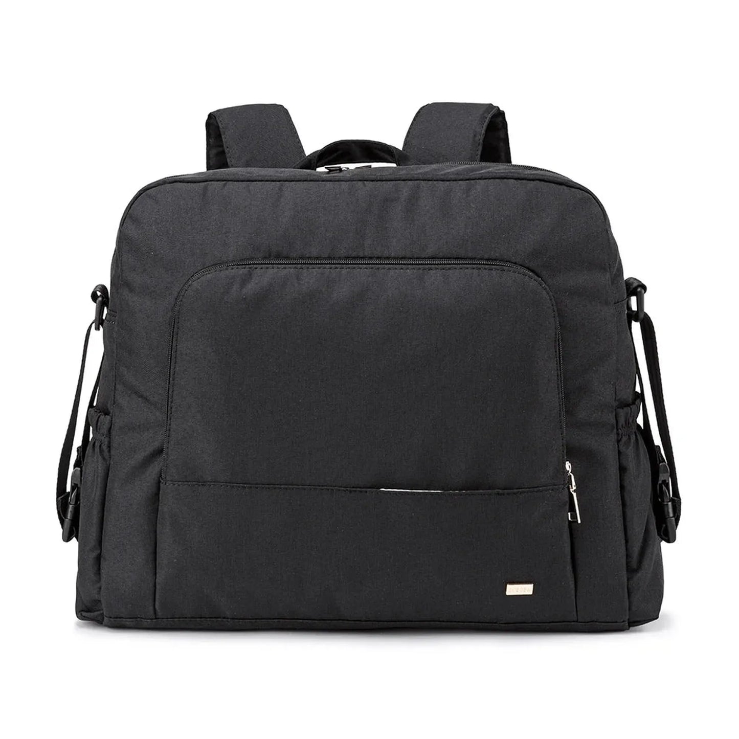 Black waterproof diaper backpack with multiple zippered pockets and padded straps.