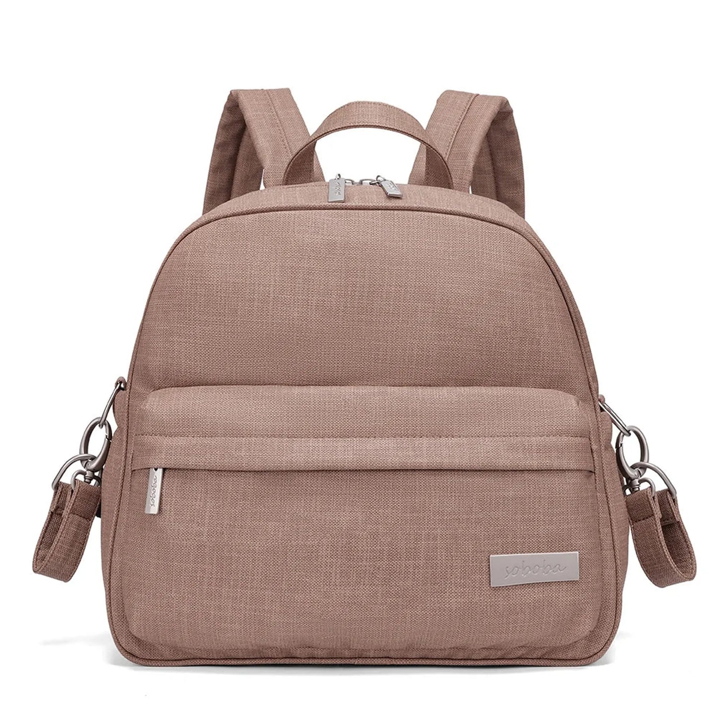 Stylish brown PU/PVC diaper backpack with front pocket, adjustable straps, and silver zippers.