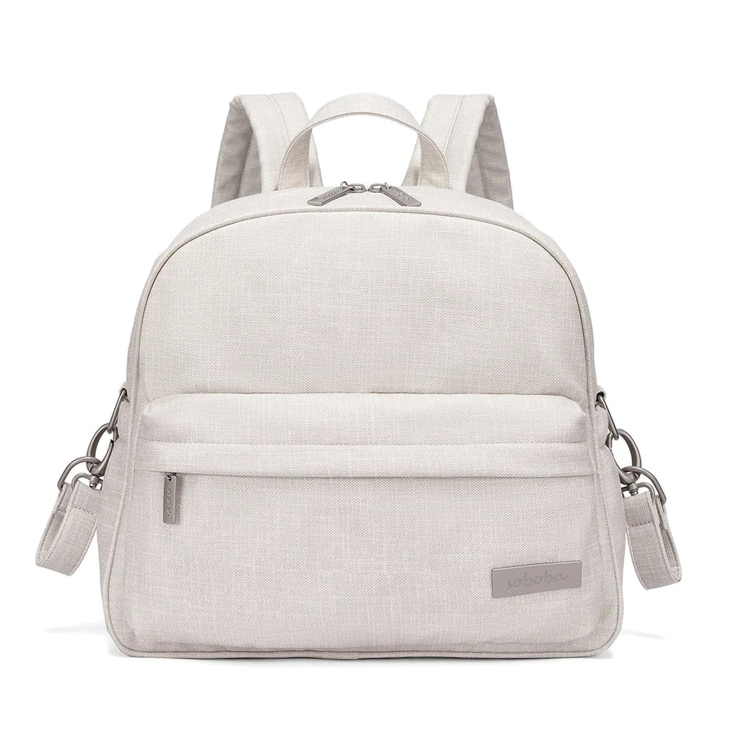 Stylish light beige linen-look diaper backpack with front pocket, top handle, and adjustable straps.