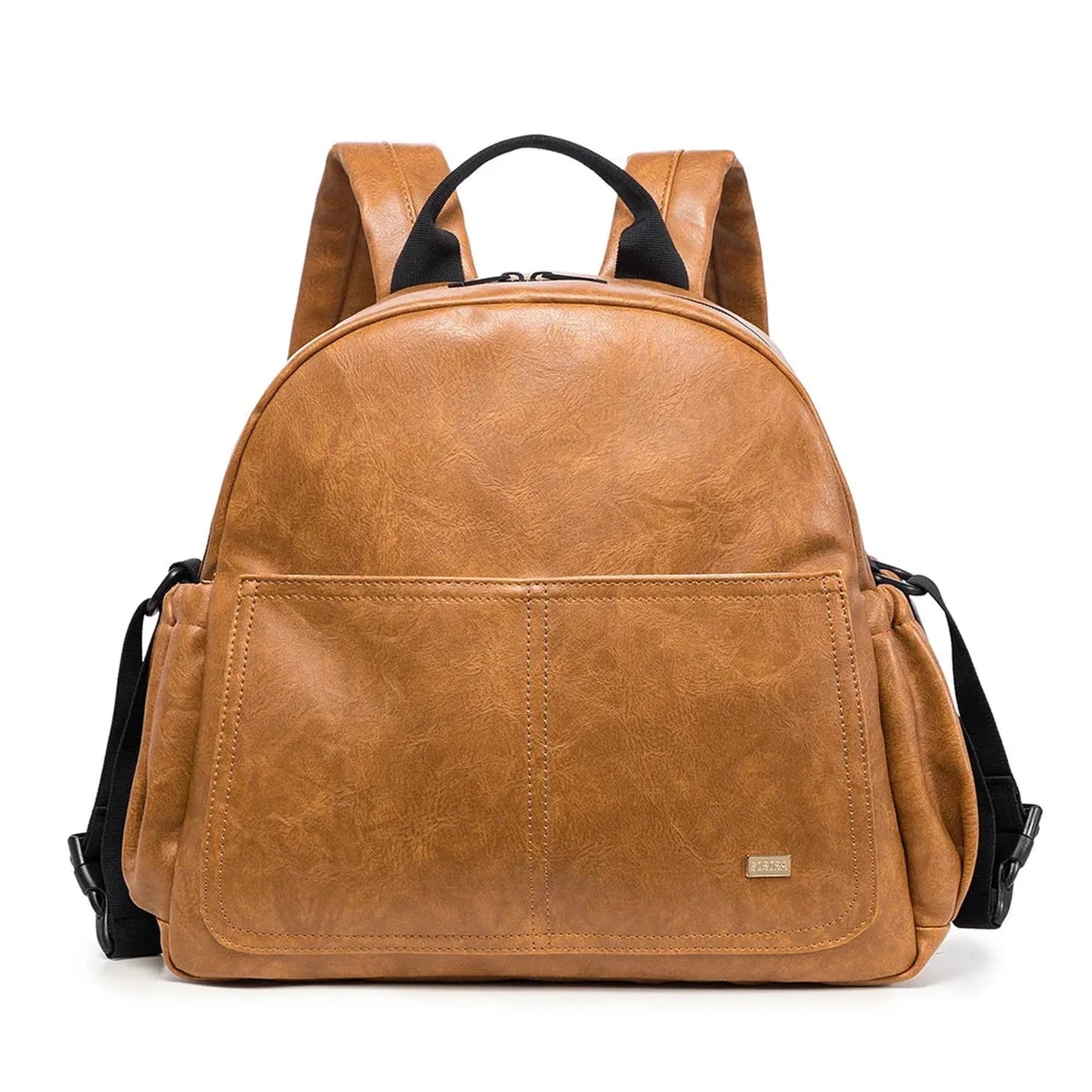Stylish brown PU leather diaper backpack with large front pocket and black shoulder straps.