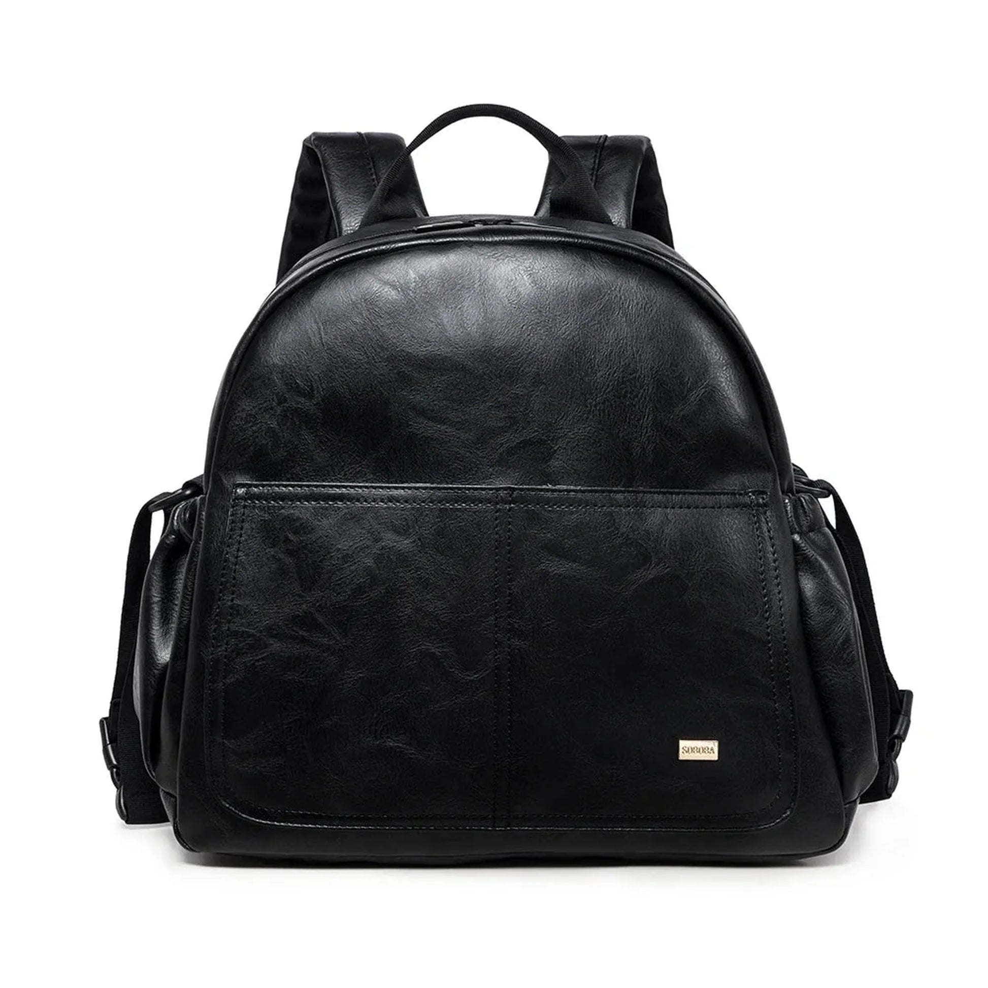 Black PU leather diaper backpack with large capacity, padded straps, and front pocket.