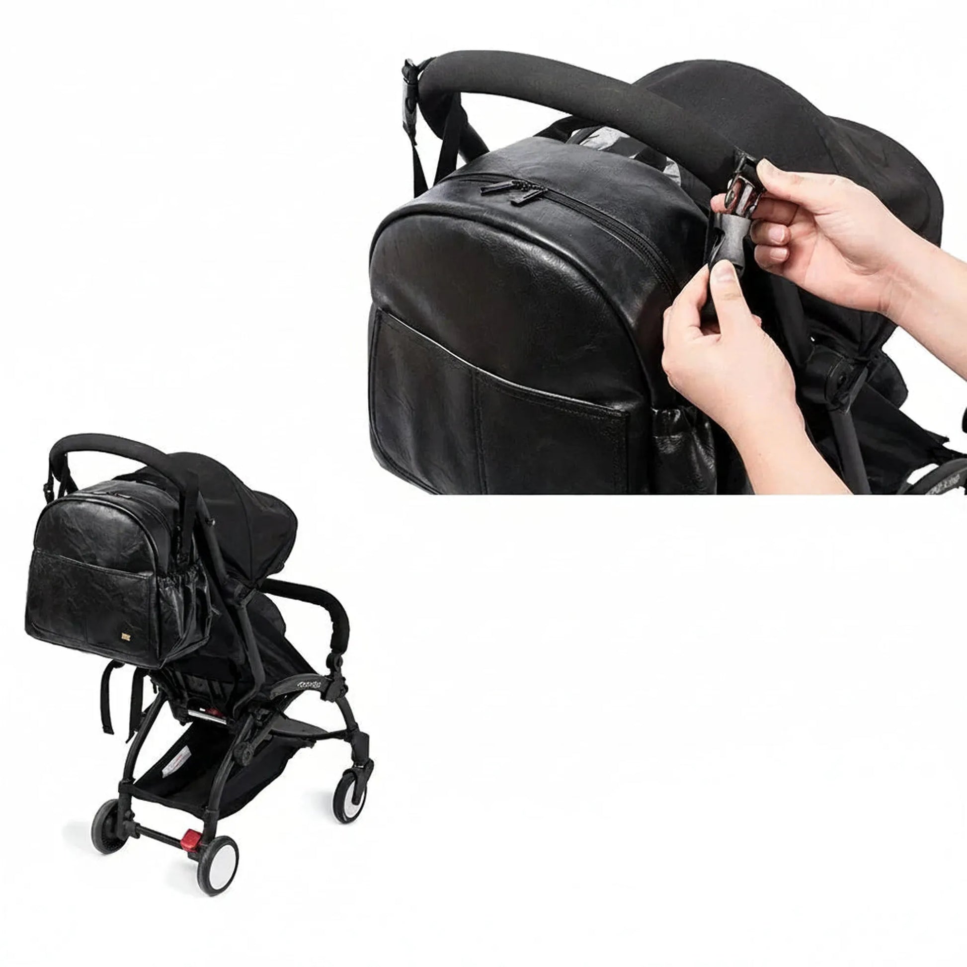 Black PU leather diaper backpack attached to a stroller, with a close-up of hands securing a strap.