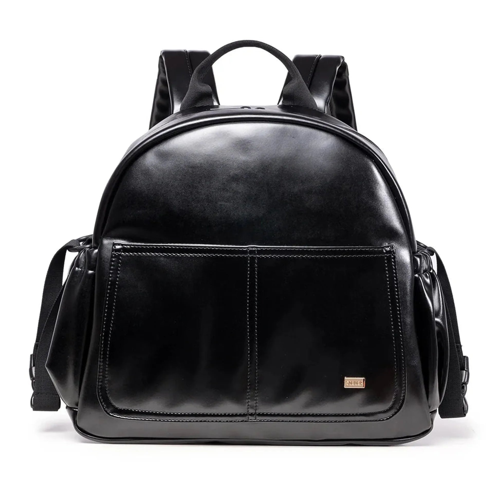 Black PU leather diaper backpack with large capacity, front pockets, and padded shoulder straps.