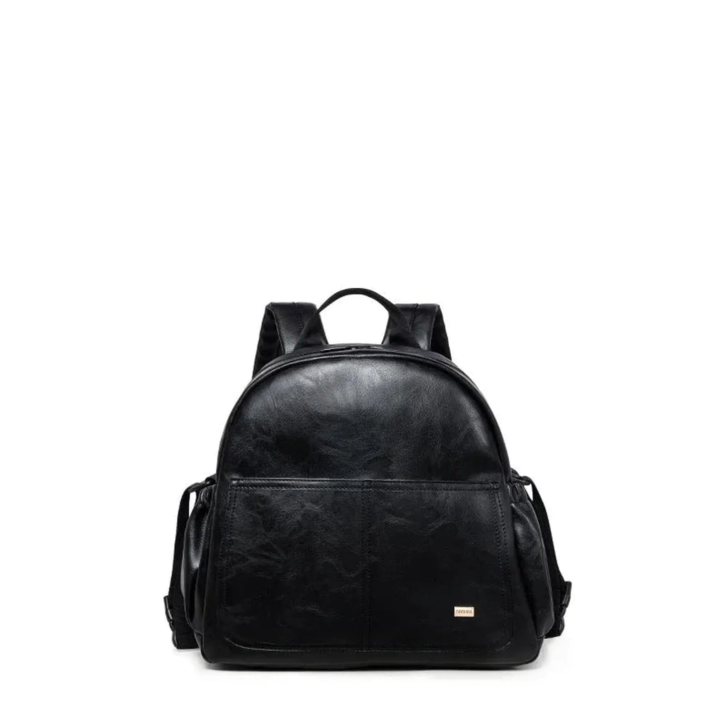 Black PU leather diaper backpack with large capacity, front pocket, and side compartments.