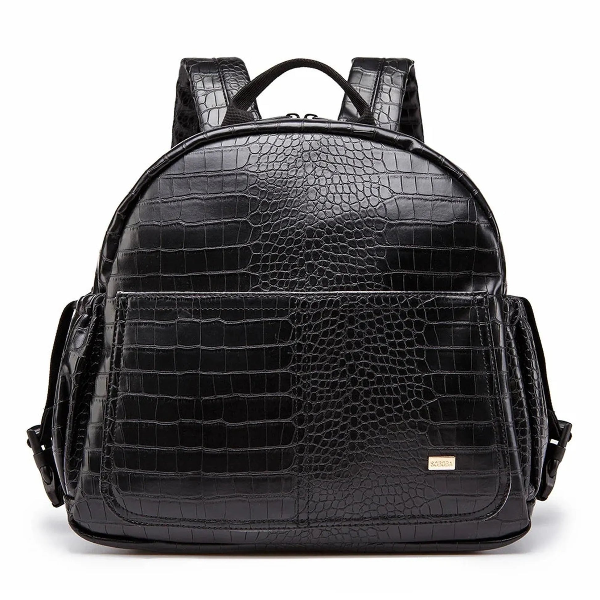Black PU leather diaper backpack with crocodile texture, large capacity, and padded back straps.