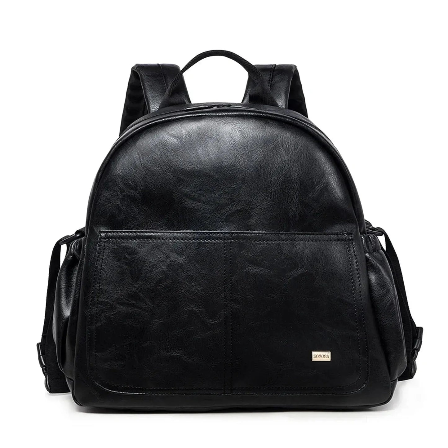 Black PU leather diaper backpack with large capacity, padded straps, and front pocket.