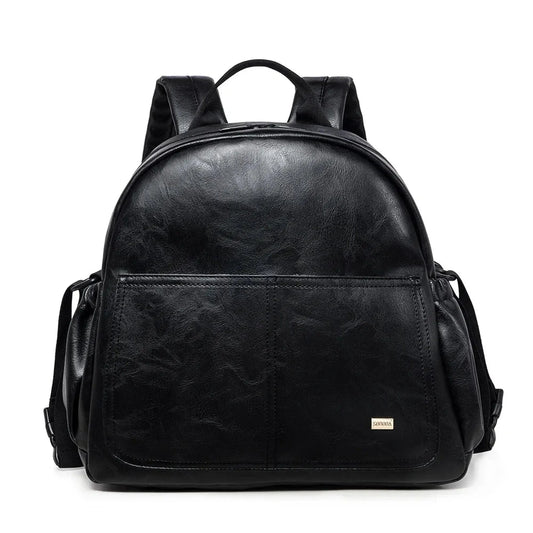 Black PU leather diaper backpack with large capacity, padded straps, and front pocket.