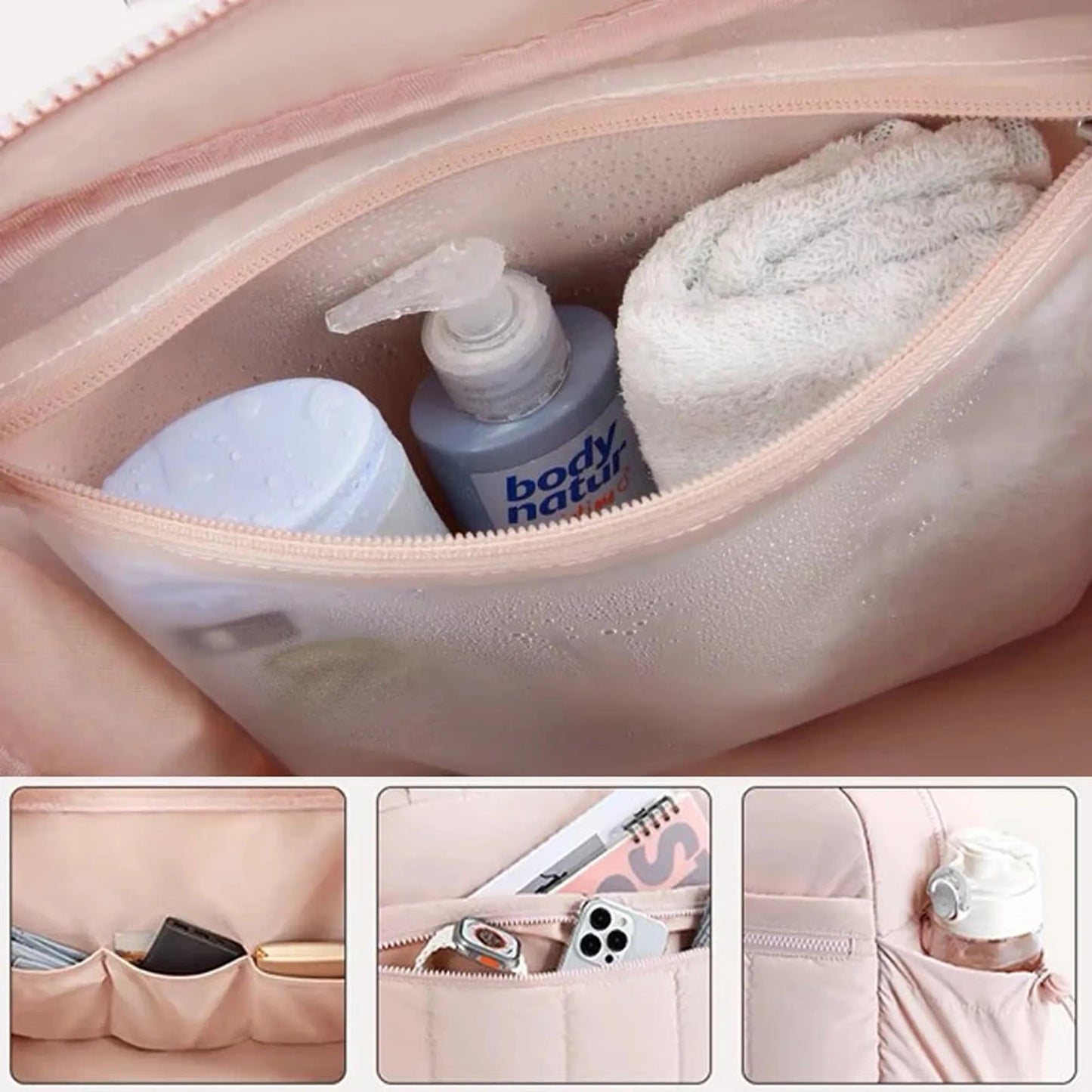 Pink waterproof diaper bag with smart compartments, showing toiletries, phone, and water bottle.