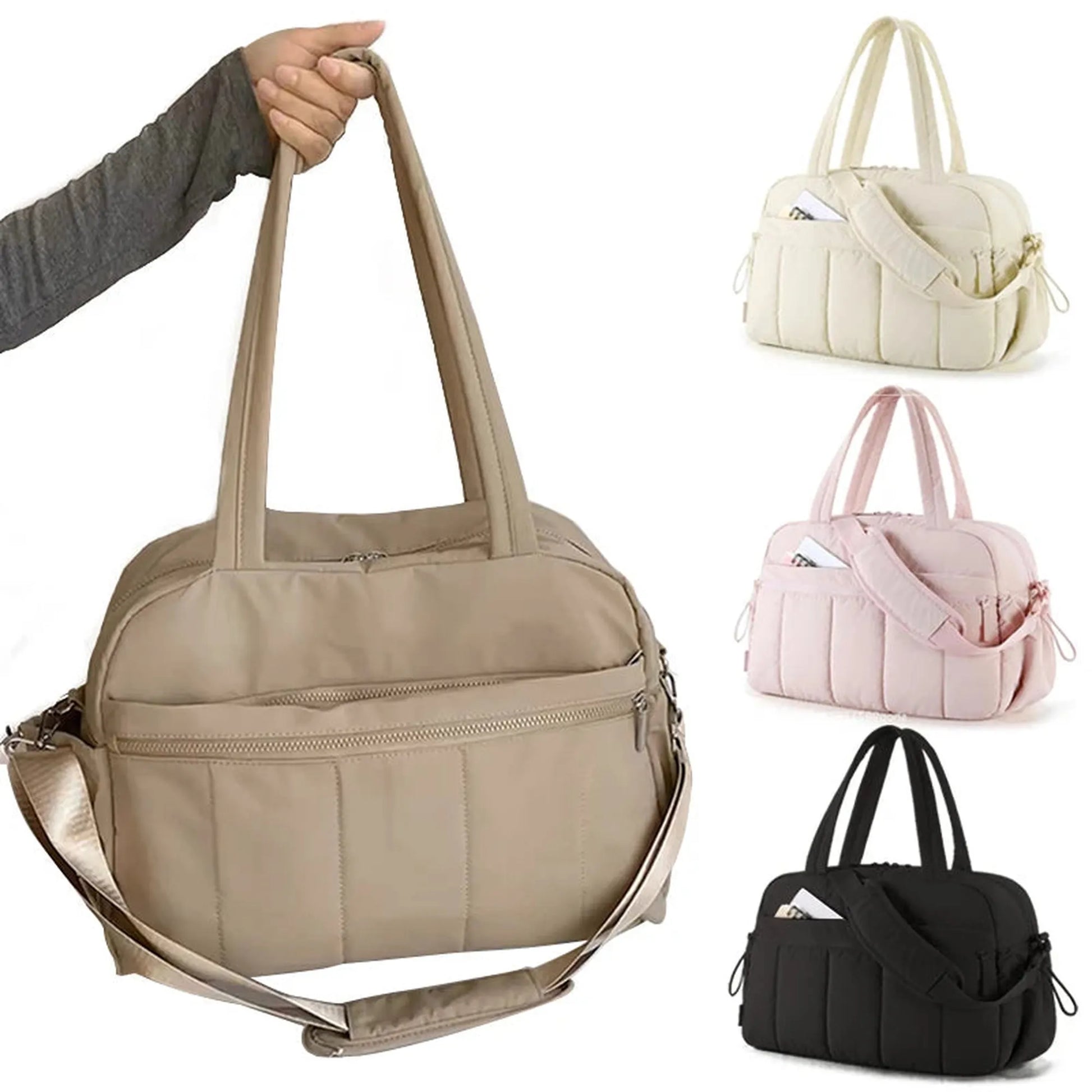 Waterproof nylon diaper bag in beige, cream, pink, and black, with smart compartments and shoulder straps.