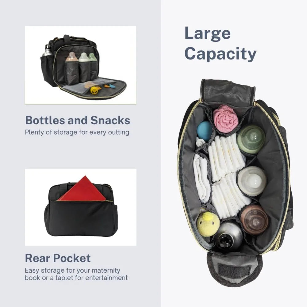 Black waterproof diaper bag with large capacity, multiple compartments for bottles, snacks, and a rear pocket.