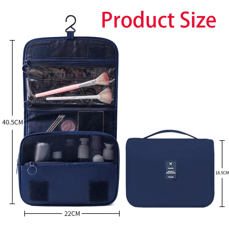Navy blue hanging travel toiletry bag with multiple clear and mesh compartments, showing size dimensions.
