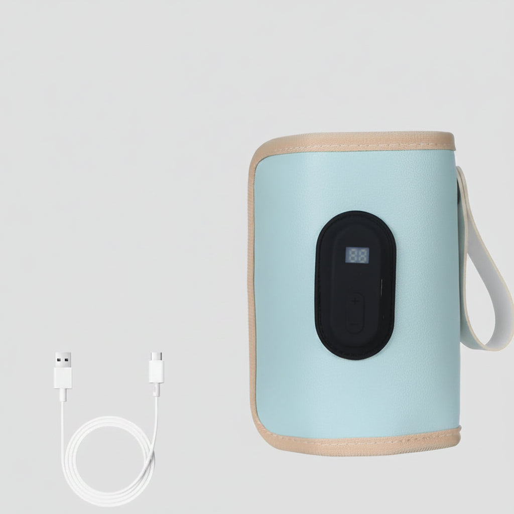 Light blue portable USB bottle warmer with beige trim, digital display, and white charging cable.