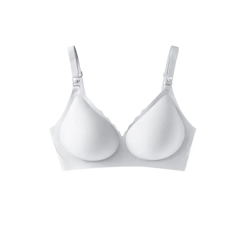 White wireless V-neck maternity and nursing bra with removable pads and adjustable straps.