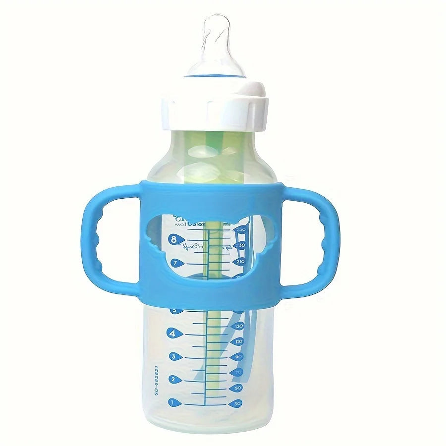 Blue silicone baby bottle handle, soft and flexible, designed for easy grip.